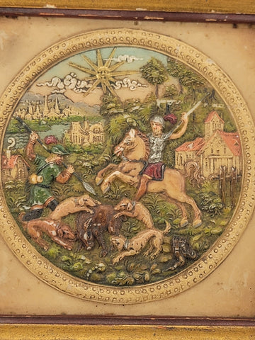 Rare Antique GERMAN MINIATURE WAX PAINTING "WILD BOAR HUNT" 1900s 16th C Style.