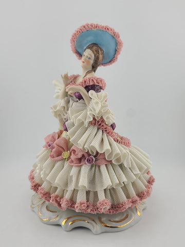 Mid Century Authentic Dresden Lace Porcelain Lady Figurine Rococo Dress Handmade
