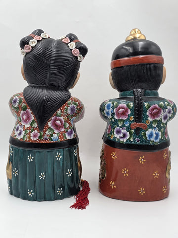 XL 15 inch Vintage Chinese Boy & Girl Prosperity Figurines Pair Good Luck Wealth