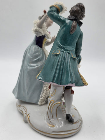 Vintage German Dresden Lace Porcelain Courting Couple Figurine Hand Painted 7.5"