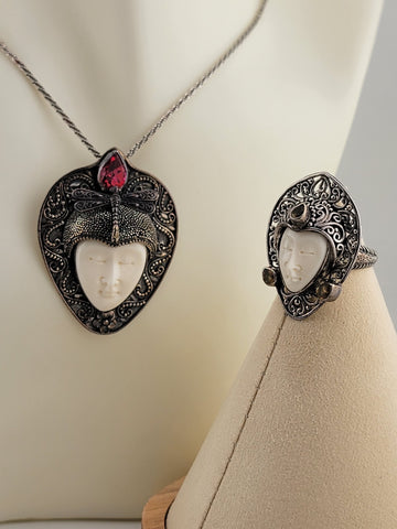 Sterling Silver Bali Goddess Moon Face Ruby Butterfly Pendant, Ring, Necklace