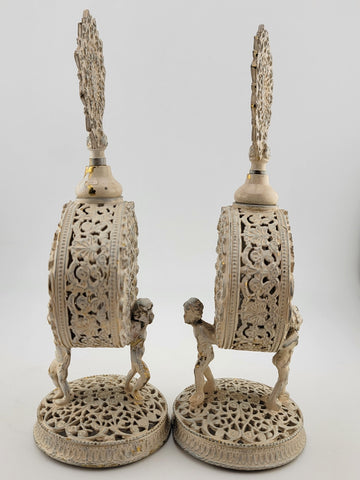 Antique Pair Of White & Gold Tone Metal Glass Hibiscus Filigree Perfume Decanter