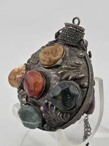 Antique 1900 Imperial Russian Brass & Stone Perfume Bottle Vial Pendant Necklace