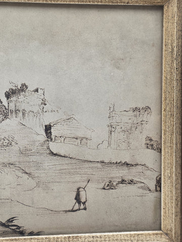 Rare Antique Framed Etching After Guercino "Ravine and Pool" Landscape Print