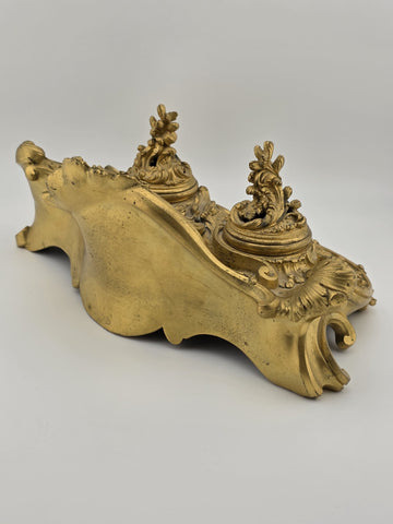 Antique 19th C French Louis XV Rococo Ornate Gilt Bronze Ormolu Inkwell Inkstand