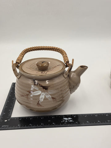 Vintage Japanese Ceramic Tea Set Bamboo Motif Teapot & 6 Cups Stoneware. VG Cond