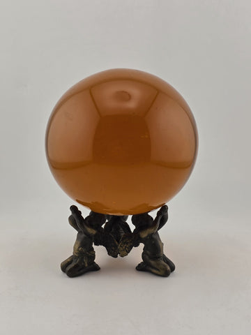 Vintage Amber Glass Crystal Ball Sphere w/ Brass Cherub Putti Base 4” Inch Dia.
