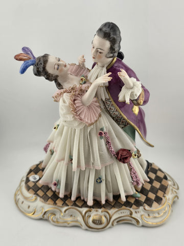 Unterweissbach Dresden Lace Dancing Couple Figurine Large German Porcelain