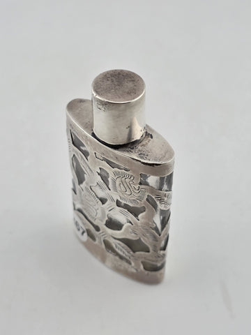 Antique Mexican Sterling Silver 925 Overlay Perfume Bottle Floral Cutwork Flask