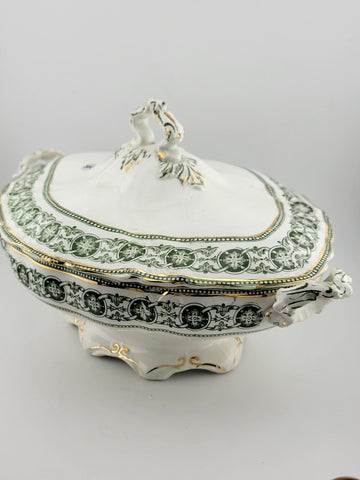 RARE BISHOP & STONIER ENGLAND RODEN GREEN COVERED TUREEN & LID 24K GOLD TRIM