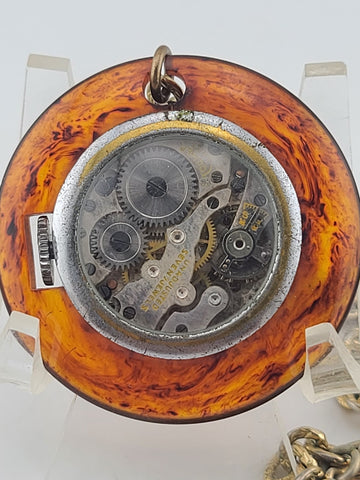 Antique Walker Swiss 43mm Pendant Watch Tortoiseshell Bakelite Necklace 7j. Runs