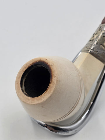 Antique Meerschaum Tobacco Pipe Sterling Silver Mount Cognac Amber Stem c.1890