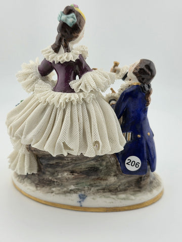 Vintage Sitzendorf Germany Lace Porcelain Courtship Scene Figurine Crown Mark.
