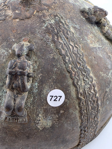 Early 20th C Luba Congo Bronze Ritual Vessel Lid w/ Figures African Tribal Art