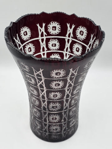 Rare Huge XL Bohemian Czech Ruby Cut to Clear Crystal Vase 14" Star Pattern
