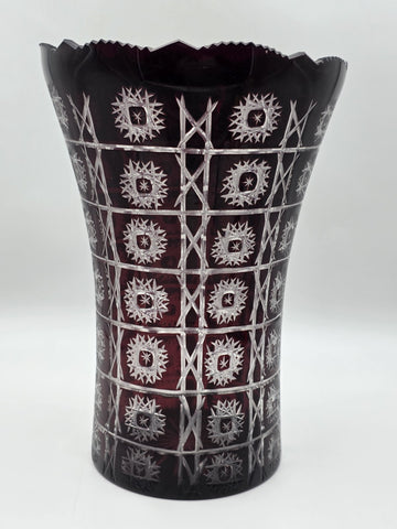 Rare Huge XL Bohemian Czech Ruby Cut to Clear Crystal Vase 14" Star Pattern