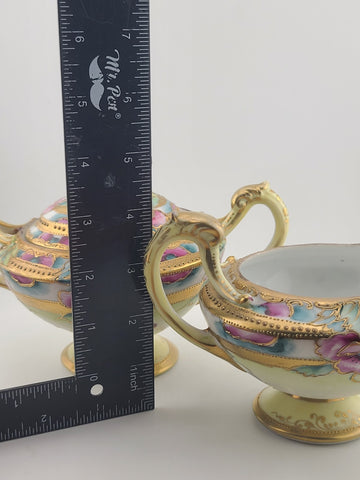 1920's Antique Nippon Hand Painted Sugar & Creamer Set Raised Gold Art Nouveau