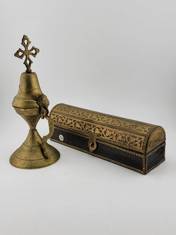 Set Of 2 Antique Islamic Middle Easter Brass and Wood Ornate Incense Burners.