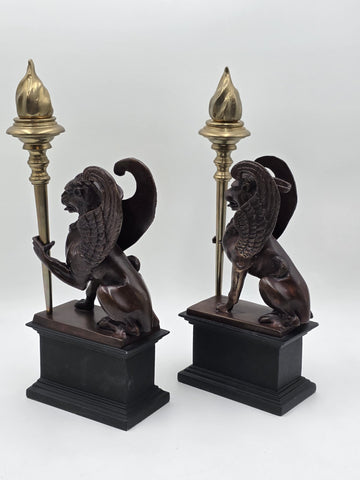 Rare Pair of Antique Late 19th C Heavy Bronze Griffin bookends/ Candleholders.