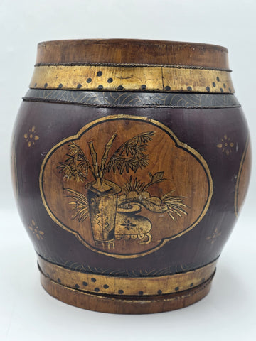 Antique Asian Hand Painted Rice Barrel Wooden Lidded Storage Bucket Bird Pagoda