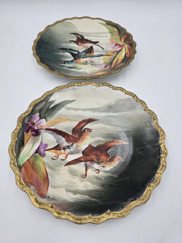 SET OF 2 ANTIQUE LIMOGES FRANCE LRL HAND PAINTED BIRDS CABINET PLATE SIGNED