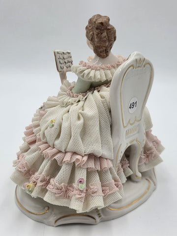 Vintage M.Z. Ireland Dresden Lace Porcelain Figurine Lady Reading Book Seated