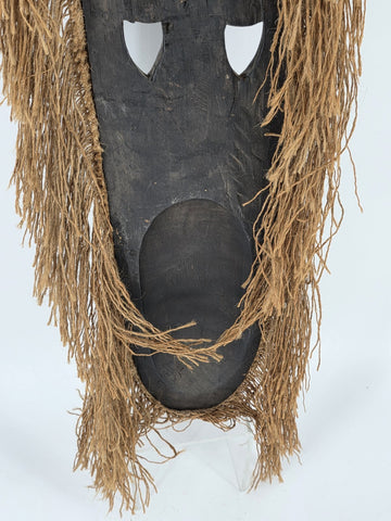 Vintage 40” West African Hand Carved Wood Mask Raffia Fringe Tribal Wall Art