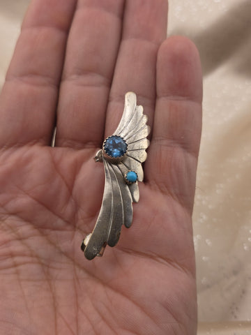 Rare Vintage Sterling Silver Wing Earrings Turquoise Blue Topaz Stone R.B. 925