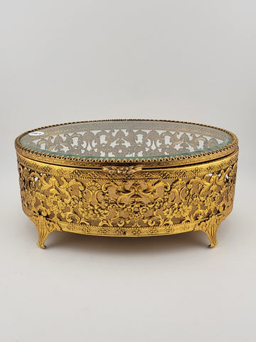 Vintage 1950s Hollywood Regency Ormolu Jewelry Casket Beveled Glass Filigree Box