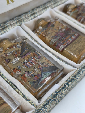 RARE RIVERSCENE CHINESE ASIAN PAINTED SET OF 6 SNUFF BOTTLES IN PRESENTATION BOX