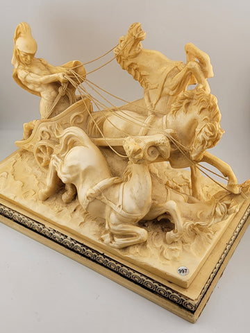 Vintage Santini Italy Figure Roman Gladiator Chariot and Horses Statue. Signed