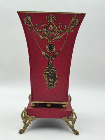 Antique 1940 Hollywood Regency Red Gold Toleware Planter Cachepot Louis XV Style