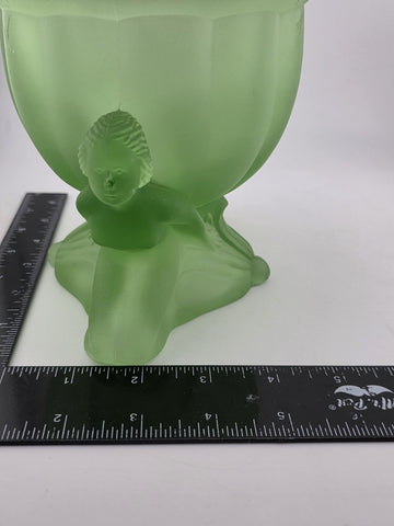 Vintage Art Deco Green Satin Glass Dolly Sisters Nymphs Powder Jar Candy Dish