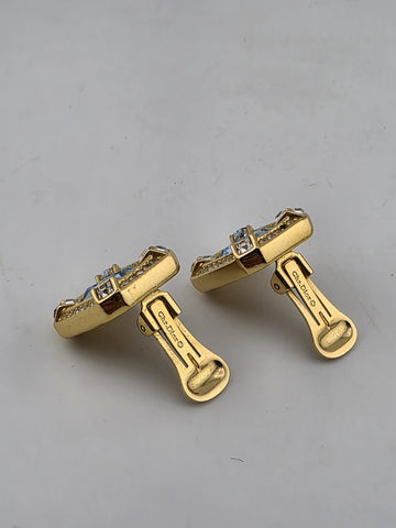 Vintage Christian Dior Blue Crystal Rhinestone Gold Tone Clip On EARRINGS Signed