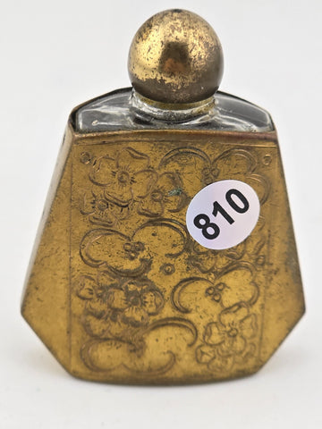 Mid Century Miniature French  Perfume Bottle in Gold Tone with Engraved Flowers.