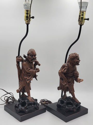 Pair Of Antique C 1910's Chinese Handcarved Boxwood Statues Made Into Lampshades