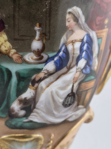 Rare Antique Mid 19th C French Vieux Paris Gilt Porcelain Urn Vase Court Scene