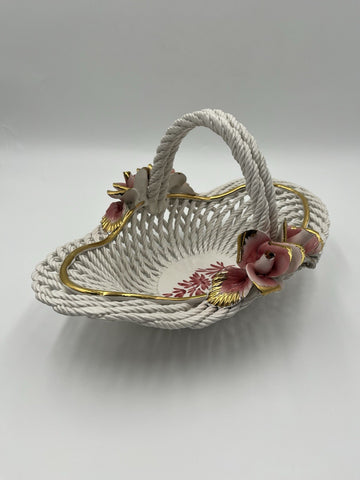 Vintage Capodimonte Italy Porcelain Woven Basket  With Pink Roses & Gold Details