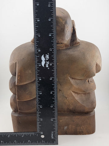 Vintage Large Hand Carved Solid Wooden LAUGHING BUDDHA Holding Bag Of Money 10”