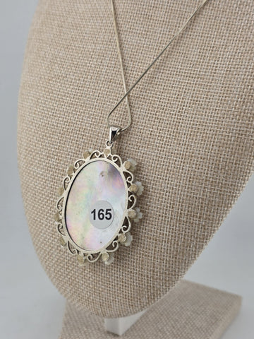 Large Sterling Silver Mother of Pearl Cameo Pendant Necklace Floral Frame 925