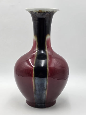 Vtg Chinese Flambe Sang de Boeuf Porcelain Vase Qianlong Mark 14" Oxblood Glaze