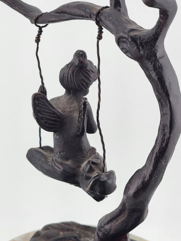 Antique Bronze Statue After Moreau Angel Swinging from Tree On A Marble Base.