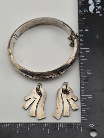 Aztec Style Mexican 925 Sterling Silver Animal Hinged Bracelet & Earrings Set