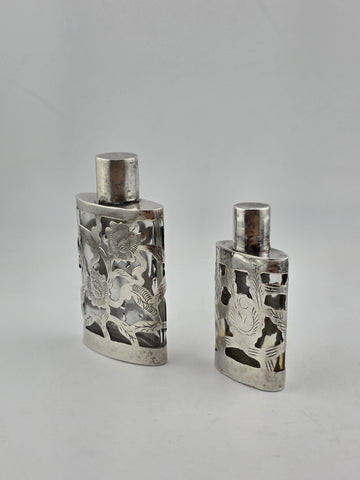 Antique Set Of 2 Sterling Silver Overlay Glass Perfume Bottles. 3.5 & 2.5 Inches