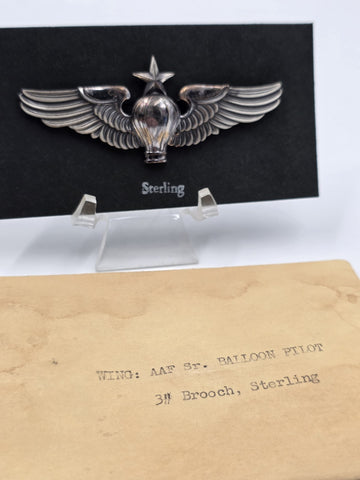 WWII USAAF Senior Balloon Pilot Wings LGB Sterling 3" Pinback W Original Package