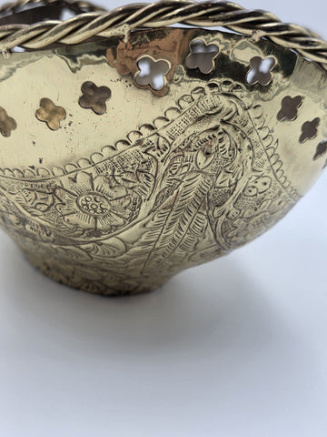 Large Antique Hand Hammered Brass Pierced Floral Bowl Jardiniere Rope Rim