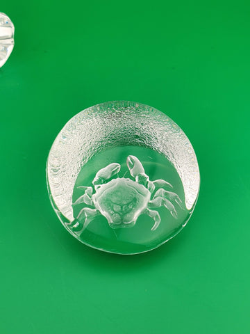 Rare Set Of 2 Mats Jonasson Owl And Crab MJ Sweden Art Glass Paperweights
