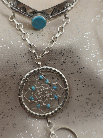 Vintage RB 925 Sterling Silver Turquoise Hand Chain Slave Bracelet Southwestern