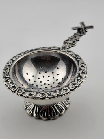 Rare Antique Silver 900 Dutch Loose Leaf Tea Strainers and Rest Dish Ornate