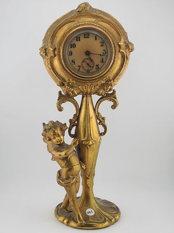 Antique 19th C Art Nouveau Figural Cherub Clock Gilt Spelter French Runs. Read.
